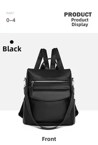 Front detail of black leather backpack showing litchi texture and functional pockets
