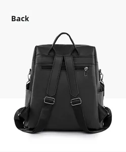 Back view of black pebbled leather backpack with shoulder straps and rear zipper pocket