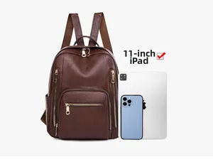 Detailed view of brown leather backpack size comparison with an 11-inch iPad and phone