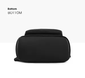 Detailed bottom view of black pebble leather backpack with high-quality stitching
