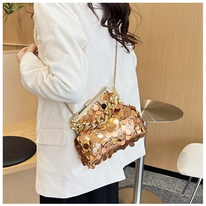 Detail of a sparkling gold sequin crossbody bag featuring a vintage clasp and chain handle