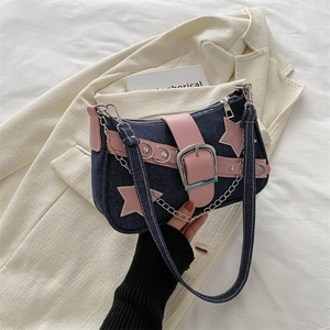 Y2K denim shoulder bag with pink star patches and metallic chain strap detail