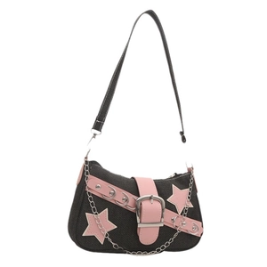 Y2K denim star shoulder bag with metal chain in dark grey and pink patchwork
