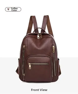 Front view of coffee brown PU leather backpack with gold zippers and adjustable straps