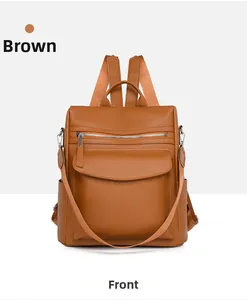 Detail of a brown textured faux leather backpack featuring multiple zip pockets and straps