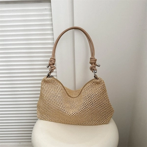 Women's Summer Straw Woven Shoulder Bag Urban Minimalist Knot Detail Zip Closure Casual Beach Vacation Hobo Tote Handbag