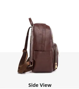 Side view of dark brown PU leather backpack showing side pockets and gold metal hardware