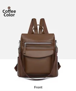 Detailed front view of coffee brown vintage backpack with premium lychee grain leather