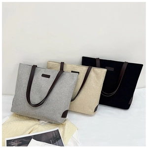 Minimalist large linen canvas tote bags with leather straps in grey, beige and black