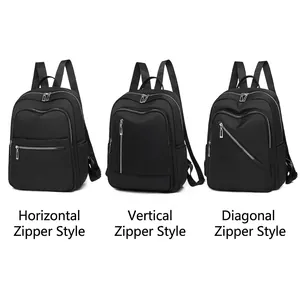 Three black waterproof nylon backpacks featuring horizontal, vertical, and diagonal zippers