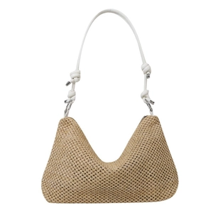 Minimalist straw shoulder bag with white leather straps and triangle tote structure