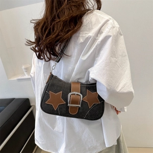 Denim star pattern underarm shoulder bag with metal buckle and dark gray fabric finish