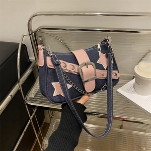 Sac Sous le Bras en Denim à Écusson Étoile Y2K Femme Rose Contraste Couleur Chaîne Décor Épaule Baguette Sac à Main Tendance