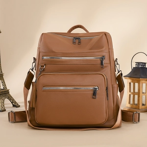 Brown faux leather backpack with multiple zippers and tassels for daily travel use