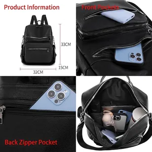 Black leather backpack for women with tassel, large capacity dimensions 33x32x15cm
