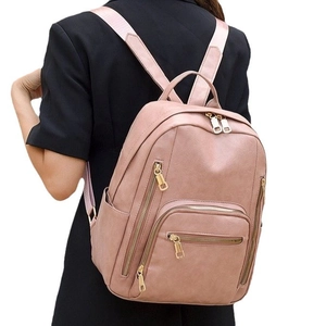 Pink minimalist PU leather backpack for women with multi-zipper large capacity design