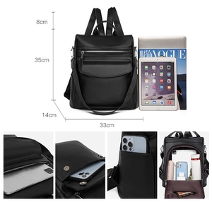 Black vintage leather backpack with large capacity and dimensions shown in a collage view