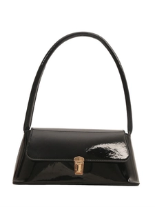 Minimalist black patent leather baguette underarm bag with elegant gold metal buckle