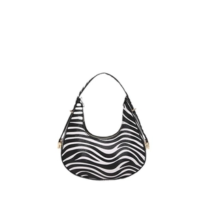 Zebra print crescent shoulder bag with black and white waves and gold hardware details