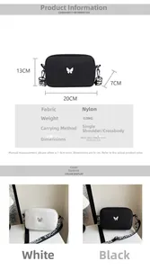 Detailed size chart for nylon butterfly crossbody bag with dimensions 20x13x7cm and 0.08kg weight