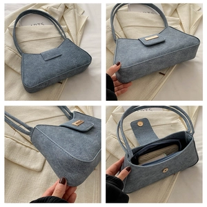 Multi-angle details of denim blue baguette bag showing interior pocket and metal buckle