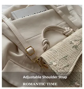 Detail of adjustable strap with gold buckle on cream woven shoulder bag