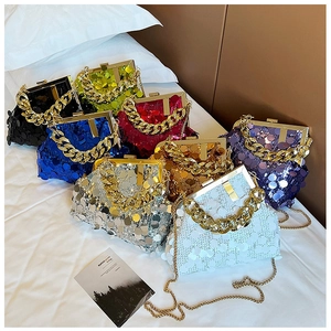 Chic sequined evening clutches in eight colors with golden chain and metal frame