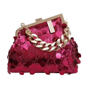 Sparkly pink sequin evening clutch bag with gold chain handle for women party wear