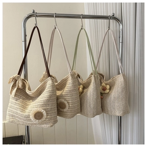 Women Straw Woven Tote Bag With Sunflower And Lace Bowknot Decoration Summer Vacation Beach Shoulder Bag Large Capacity Handbag