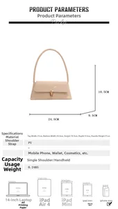 Vista dettagliata della borsa baguette in pelle PU beige con fibbia dorata e misure