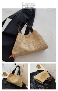 Détail macro de la texture du sac en paille kaki avec large bandoulière marron