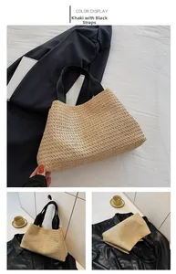 Détail du sac cabas en paille kaki avec anses noires pour les vacances d'été