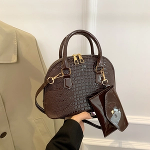 Dark brown faux crocodile leather handbag set with matching mini pouch and gold hardware