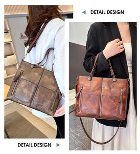 Vue détaillée du grand sac cabas vintage avec deux poches zippées et texture en cuir