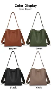 Detaillierte Farbanzeige von großen Beuteltaschen in Braun, Grün, Schwarz und Khaki