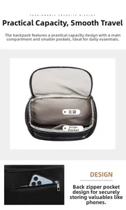 Detail view of large capacity nylon backpack with interior compartments and anti-theft back pocket