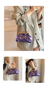 Detailed view of purple sequin evening clutch bag with gold chain strap and metal clasp
