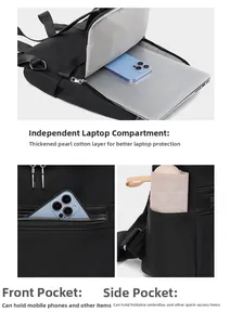 Detail view of the waterproof oxford backpack with padded laptop sleeve and side pockets