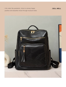 Detail of black pebbled PU leather backpack with gold zippers and tassel charm