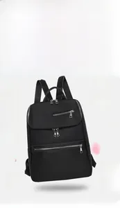 Detail showing the lightweight 0.4kg black oxford fabric backpack with zipper pockets