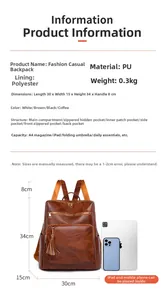 Detailed size chart for the brown vintage PU leather backpack showing its internal storage