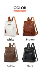Detailed grid view of stylish backpacks in white, brown, coffee, and black options