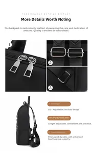 Detail view of the smooth metal zipper and reinforced seams on the black Oxford backpack
