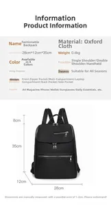 Detailed dimensions of black Oxford cloth backpack showing multi-pocket storage layout