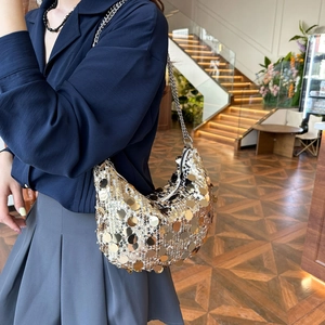 Chic half-moon sequins crossbody bag with gold round paillettes and silver chain strap