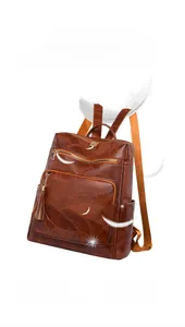 Brown vintage faux leather backpack featuring unique leaf vein embossing and lightweight design