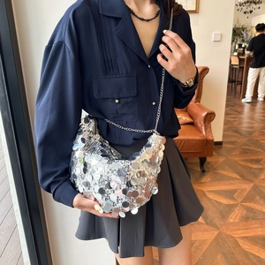 Silver sequin crescent chain bag for women with metallic moon shape and crossbody strap