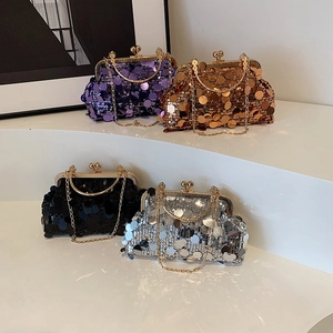 Sequin Evening Bag Women Retro Clutch With Metal Frame Kiss Lock And Removable Chain Strap Luxury Party Purse