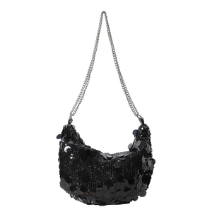 Fashionable black sequin hobo shoulder bag with silver chain strap for women