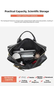 Detail view of large capacity black backpack showing multiple inner compartments and storage